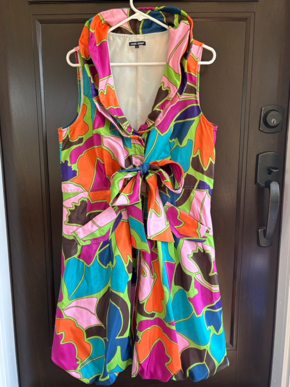 EUC Samuel Dong Zip Front Bubble Hem Abstract Floral Front Tie Dress Size XL